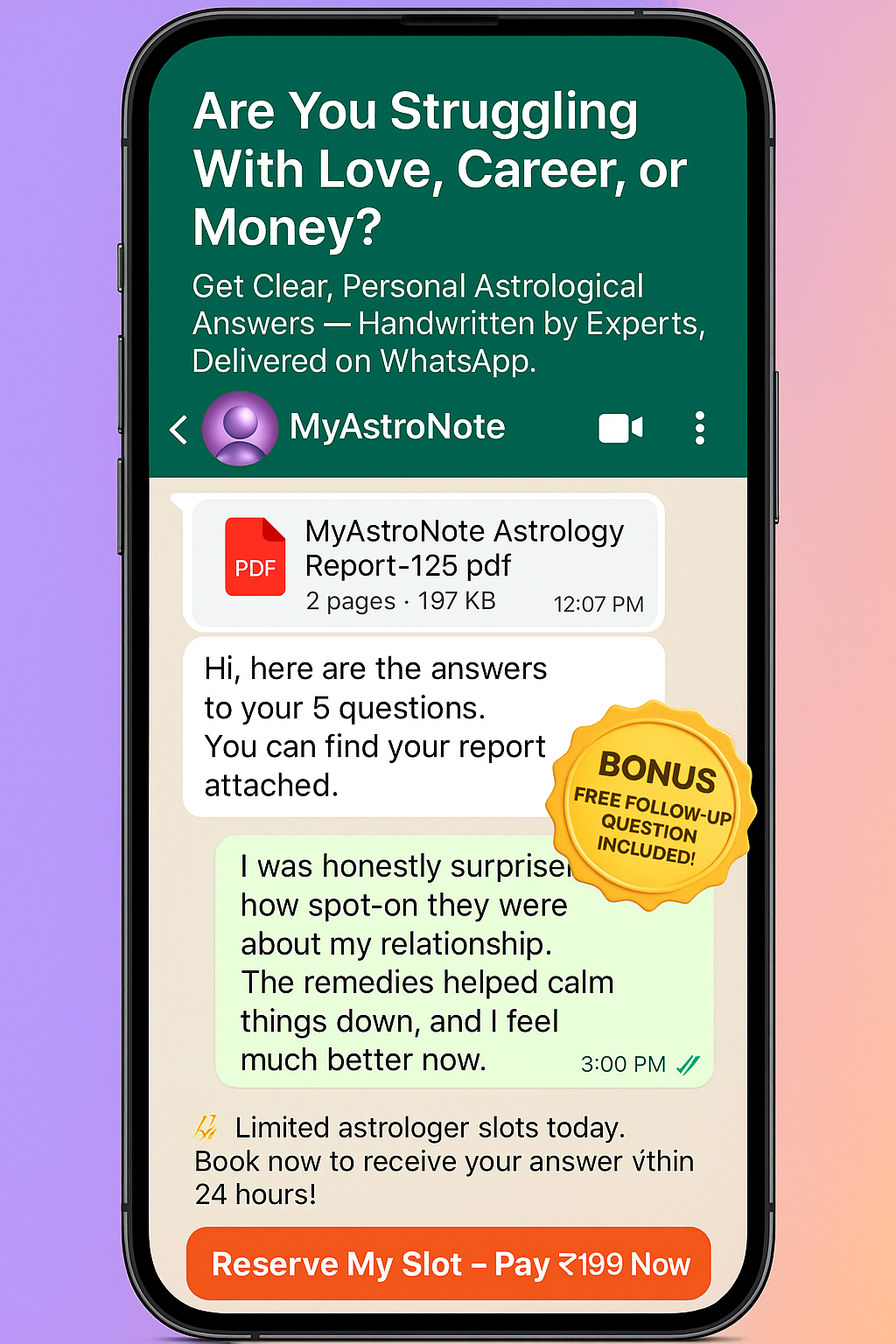 Get Clear, Handwritten Astrological Answers — Delivered on WhatsApp by Certified Experts.