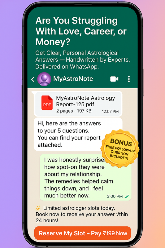 Get Clear, Handwritten Astrological Answers — Delivered on WhatsApp by Certified Experts.